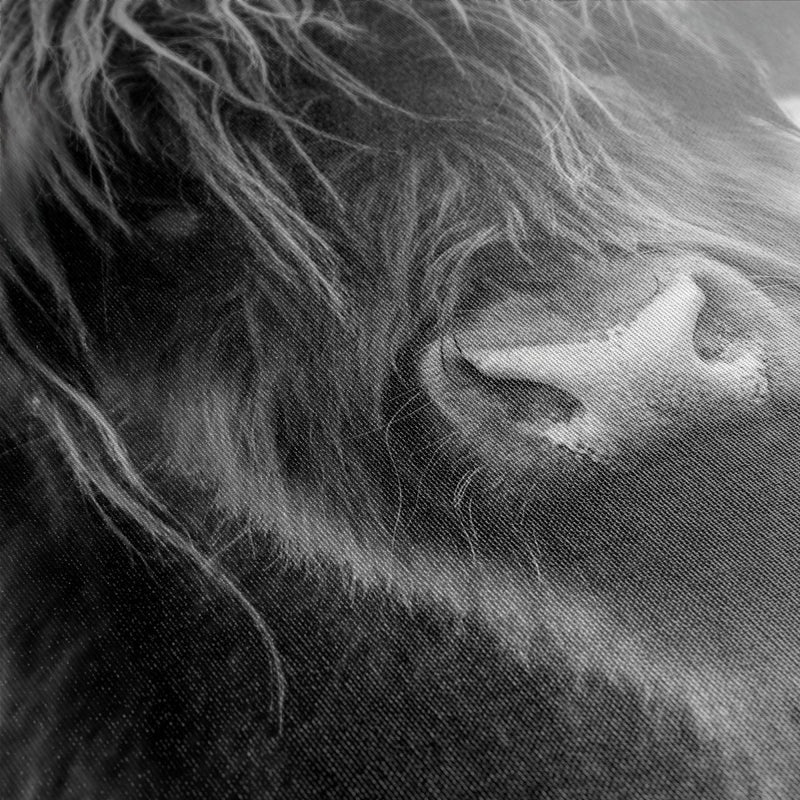 Een close up van ons canvasdoek waar canvas schotse hooglander op gedrukt word in zwart wit. 