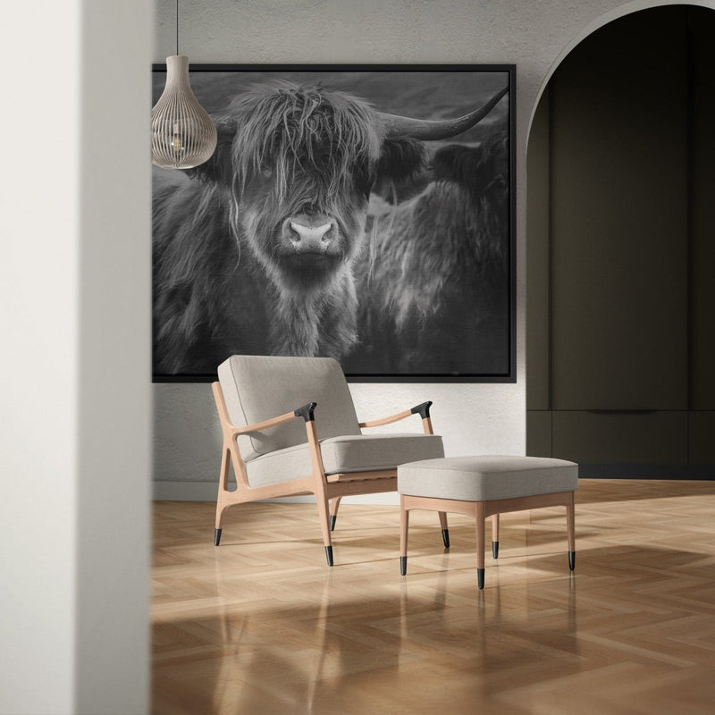 Canvas schilderijen zoals deze Schotse hooglander in zwart wit op canvas met lijst is een ware blikvanger.