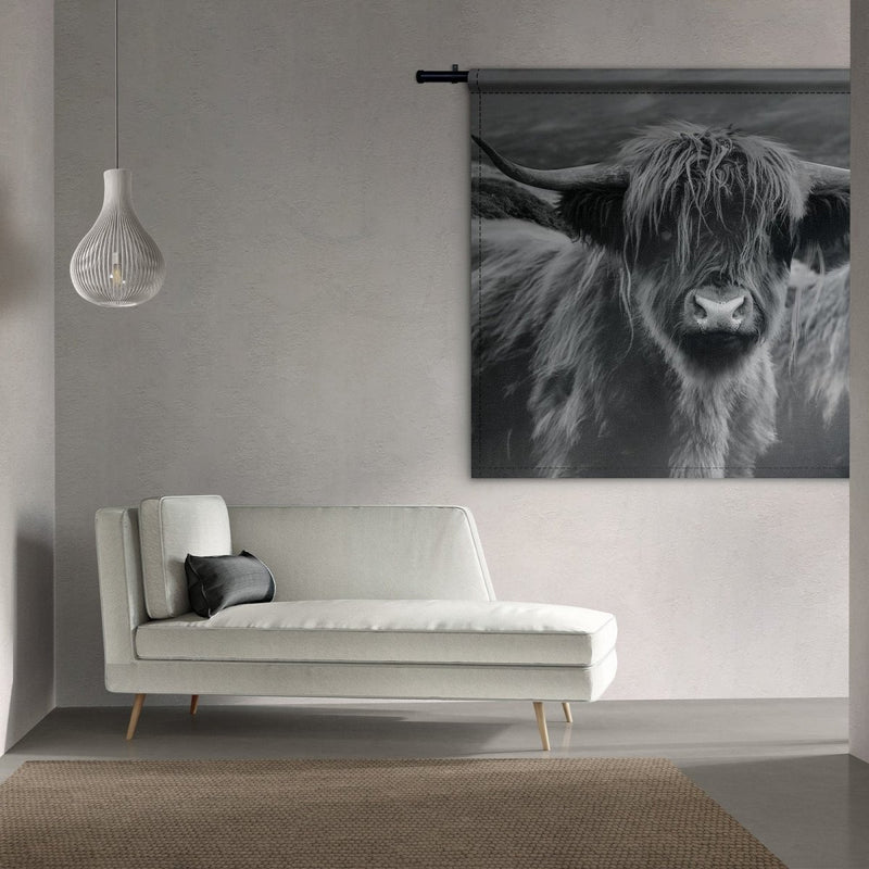 wanddecoratie zwart wit muurkleed van een schotse hooglander