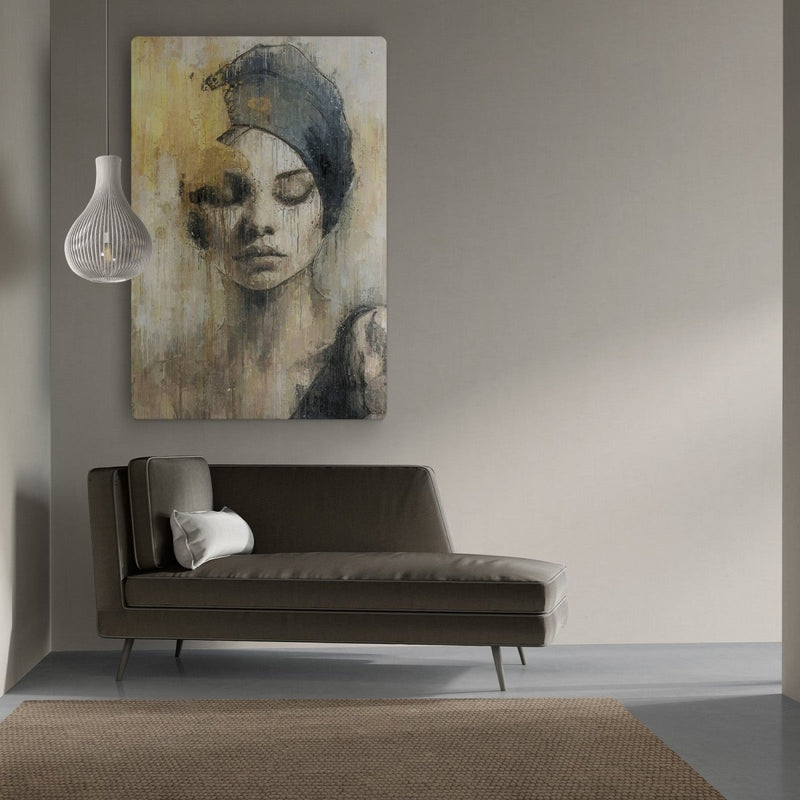Het meest verkochte werk aan de muur van Kontoer design. Het canvas toont een bijzonder mooie vrouw met een citroenen tatoeage op de arm. 