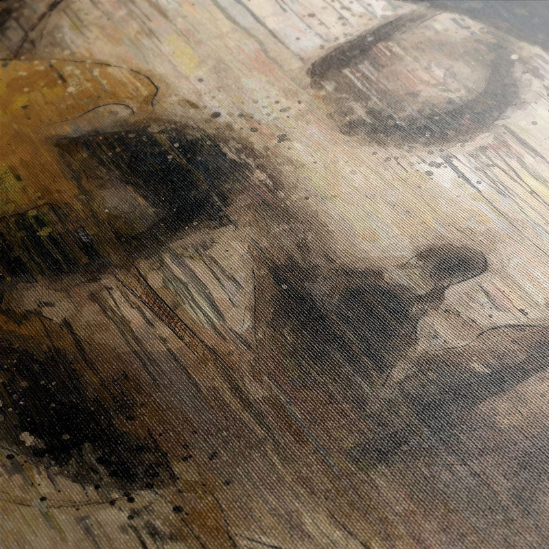 Het mooie werk voor aan de muur op canvas van dichtbij. Je ziet de lopers en verfstreken duidelijk terug in het intense werk. 