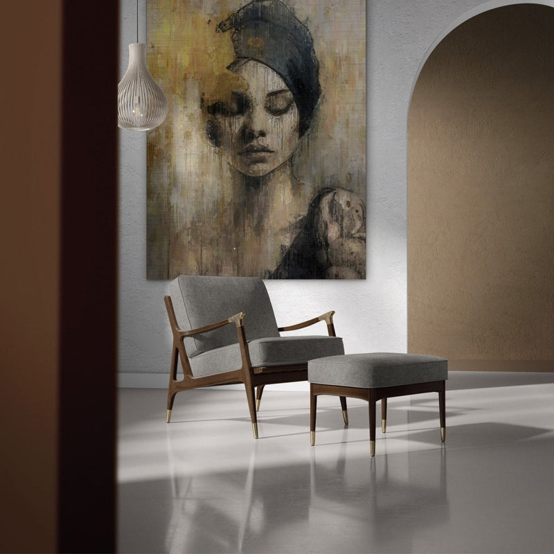 Stel hier jouw eigen aluminium schilderij samen. Het portret in overwegend beige, goud en zwart kun je helemaal zelf afstemmen op jouw interieur. 