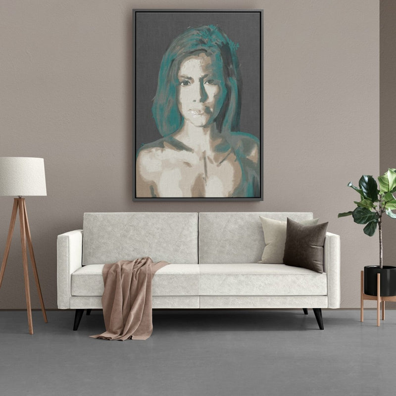 Canvas met lijst van het portret in moderne kunst stijl van een vrouw met groen haar. Het is een naakt schilderij van canvas met baklijst. 