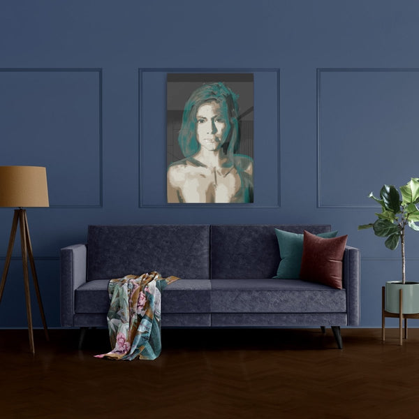 Plexiglas schilderij vrouw xxl met prachtig groen haar uit de moderne kunst collectie welke een portret schilderij toont