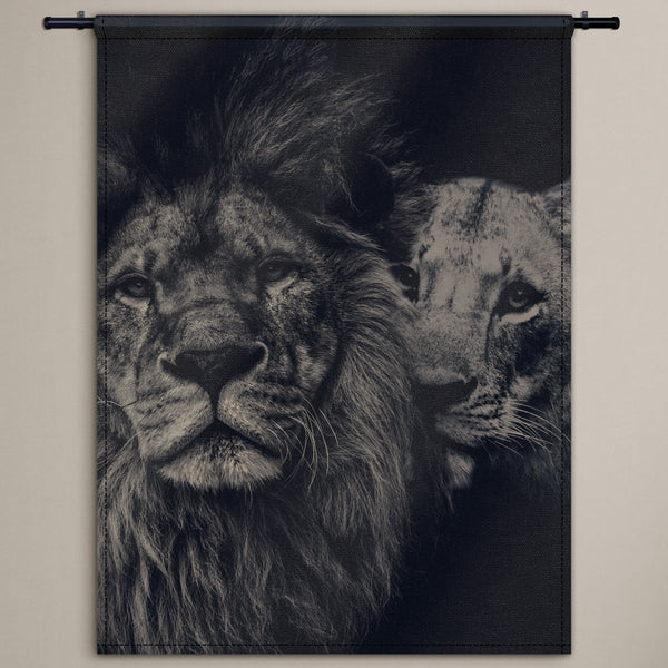 Lion couple op een wandkleed